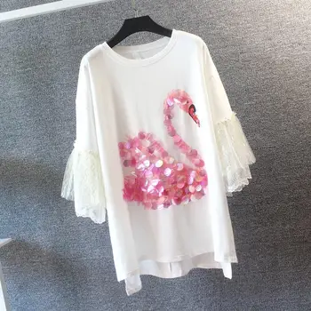 2021 la Primavera y el Verano de las Nuevas Mujeres Sueltas de Encaje de manga Corta T-shirt Versión coreana de Cisne de Impresión de Lentejuelas Mediados de la longitud de la parte Superior
