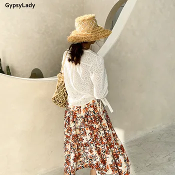 GypsyLady Blanco de verano Elegante Camisa Blusas de Algodón de Ojal francés Camisa Casual de Manga Larga Pura de las Mujeres de las Señoras de la Vendimia de la Camisa
