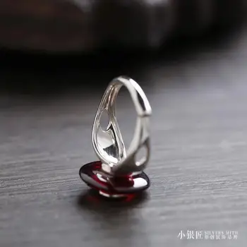 Rojo Natural translúcido granate phoenix flor de apertura de anillo ajustable Chino encanto retro de las mujeres de plata de la joyería