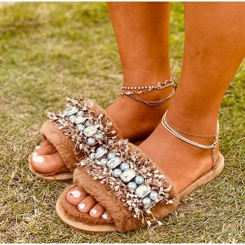 Piel Deslizadores Para las Mujeres Peludas Zapatillas Pearl 2020 Mujer de Cristal de Piel Sandalias de Mujer de Invierno Planas Comodidad de las Mujeres de la Casa de Otoño Zapatos