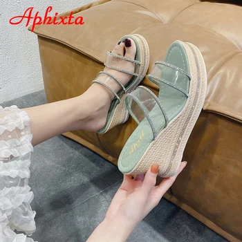 Aphixta 9cm Super Tacones de Lujo Cristales de la Plataforma de Diseño de Cuña Zapatillas Zapatos de Mujer Transparente Obstruir Flip Flop Luz de la Diapositiva