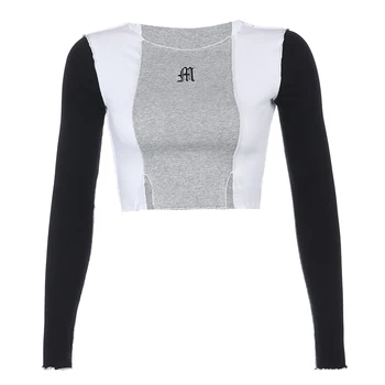Weekeep Patchwork Split Recorta la parte Superior de las Mujeres de la Moda de Harajuku Streetwear Bodycon Camiseta Bordado de la Letra Gótica Y2K Estética Tops