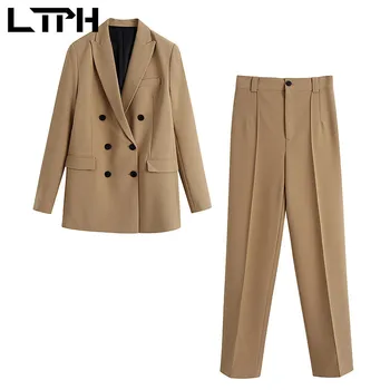 LTPH camello vintage de Doble Botonadura trajes de chaqueta casual de negocios 2 piezas del conjunto de las mujeres Trajes de alta cintura del Pantalón Conjuntos de 2021 Primavera Nueva