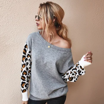 2020 otoño e invierno nueva moda casual costuras de contraste de impresión de leopardo suéter