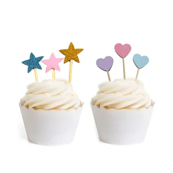 40Pcs/lote Hermoso Brillo del Corazón de la Estrella de la Nube de Cupcake Toppers de Cumpleaños de la Fiesta de la Boda Decoración de la Decoración de Pastel de Alimentos Recoge los Suministros
