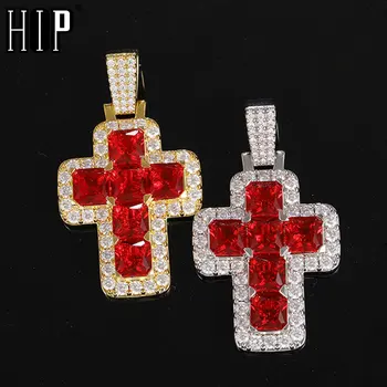 Hip Hop Cristal Rojo de la Cruz Helado Fuera Bling Cúbicos Circón AAA+ CZ Collares & Colgantes Para las Mujeres de los Hombres de la Joyería Con Sólido Atrás