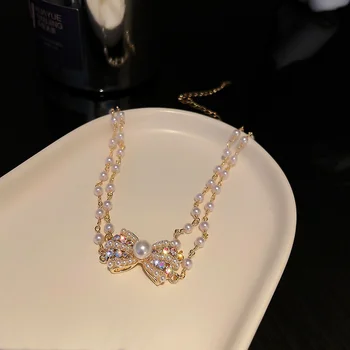 FYUAN Estilo coreano Pequeño Bowknot de Cristal Gargantilla Collares para las Mujeres de la Perla de la Cadena de diamantes de imitación de los Collares de Bodas de la Joyería