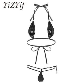 2 piezas del conjunto de las mujeres del traje de baño de 2020 cadena de bikini de mujer Erótica Brillante Metálico Mini Micro Bikini Tanga Lencería Trikini bikini set