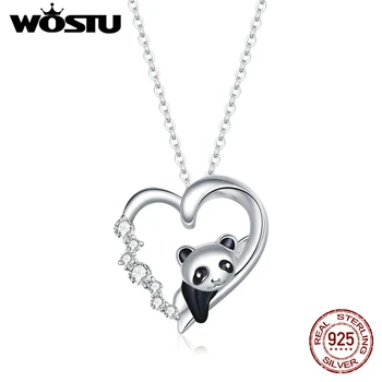 WOSTU de la Plata Esterlina 925 Bebé Panda Collar Deslumbrante Corazón de Circón Largo del Eslabón de la Cadena Collar Para las Mujeres Joyería de la Moda CQN453