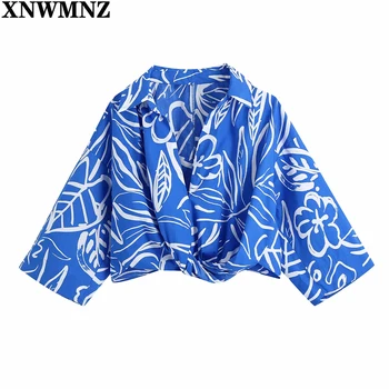 XNWMNZ 2021 Mujeres de la Moda de la Impresión Floral de Corta Camisa de Señora Irregular Dobladillo Anudado Plisado Blusa Kimono Roupas Chic Cultivo Blusas Tops