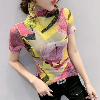 La moda de Malla Sexy cuello de Tortuga de Verano de Impresión T-shirt Ropa de Mujer Tops Europeos Ropa Mujer tocando Fondo 2021 Nueva Camiseta Camisetas 3XL
