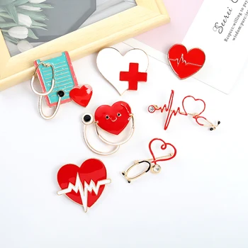 Médico Enfermera Esmalte Pin Insignia de Corazón Rojo Electrocardiograma Estetoscopio Broches Pernos de la Solapa de la Joyería de Regalo para los Amigos de Mayoreo