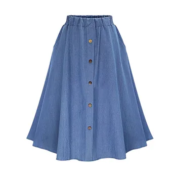 La moda de Estilo coreano de Mezclilla Faldas de las Mujeres de Largo y Sólido Botón harajuku Casual Falda de Cintura Alta Mujeres Grandes Dobladillo de la Falda de Jean Nuevo F2