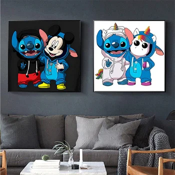 Dibujos animados de Mickey & Stitch & Winnie Anime Carteles de Disney Pinturas en Lienzo de Impresiones de Arte de la Pared de la Imagen para la Habitación de los Niños la Decoración del Hogar, Cuadros
