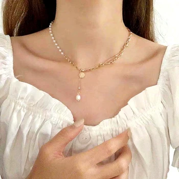 De lujo de la Perla Colgante Collar de Mujer de Verano de la Perla de la Cadena Gargantilla de Oro Cubano Enlace de la Cadena Collar de Bohemia de la Joyería de Regalo