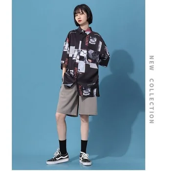 HOUZHOU Harajuku Camisas de las Mujeres de la Vendimia de Impresión Negro de la parte Superior el Botón de Arriba de Manga Corta Femenina Blusa coreano de la Moda Streetwear Cardigan