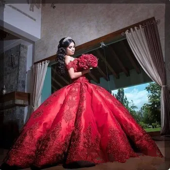 2021 Rojo Vestido de Bola Vestidos de Quinceañera Elegante Fuera del Hombro de Encaje Apliques de Raso de Cumpleaños del Dulce 16 Vestido de Fiesta Hecho a medida