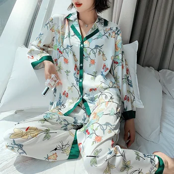 Las mujeres del Satén de Pijama Conjunto Impreso de Manga Larga y Larga con botones en la ropa de dormir Sumemer de Seda Loungewear S-XXL