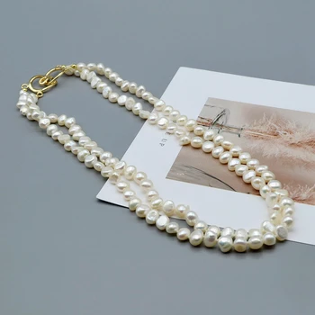 La moda de doble capa collar, blanco barroco perlas, 18K chapado en oro de la cadena hebilla, puede ser usado a voluntad, collar de damas