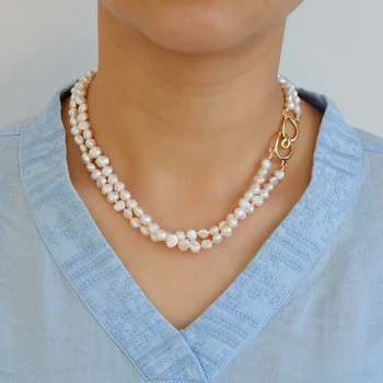 La moda de doble capa collar, blanco barroco perlas, 18K chapado en oro de la cadena hebilla, puede ser usado a voluntad, collar de damas