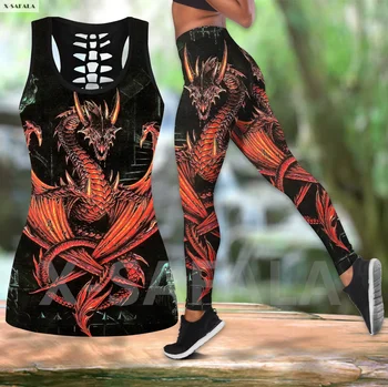 Gótico Dragón Impreso en 3D de las Mujeres Combo de Dos piezas Conjunto de Yoga Chaleco Hueco parte Superior del Tanque de Cintura Alta Legging de Verano Casual Sport