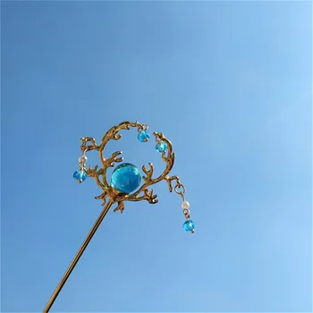 1Pcs Cabello Azul Garra Directa de la Perla de la Placa de Horquilla con Flecos Cabeza de Ciervo de Novia Tocados de Pelo Palos de la Joyería de China Antigua Estilo