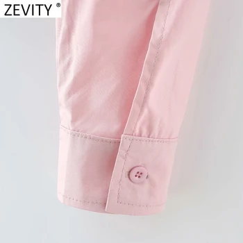 Zevity Mujeres Safari Estilo de Manga Larga Rosa Color de Camisa Corta Mujer Simplemente haga Doble Bolsillos de la Blusa de Roupas Chic Chemise Tops LS9062