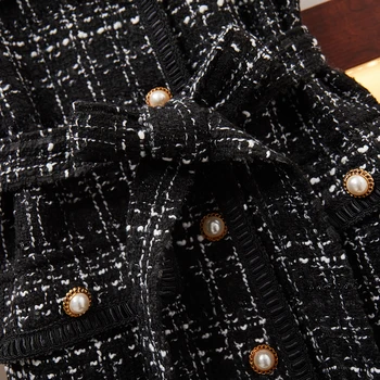 S-3XL tallas de Tweed de la Pieza de 2 de Invierno Suéter de Punto, Tops + Perlas Solo Pecho de tela Escocesa de las Hojas de Cuello V Vestido de Chaleco de Traje
