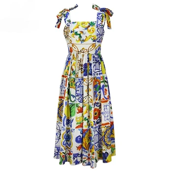 Personalizar Más el Tamaño de la Pasarela de la Moda de Verano Vestido de las Mujeres del Arco de la Correa de Espagueti Precioso estampado Floral Midi de Algodón Vestido de vestidos