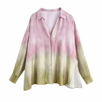 TRAF Za de las Blusas de las Mujeres de la Camisa de Tie Dye Top de Verano de la Mujer de la Mujer de la Moda de 2021 Cuello con Botón Manga Larga de Playa Casual Camisa