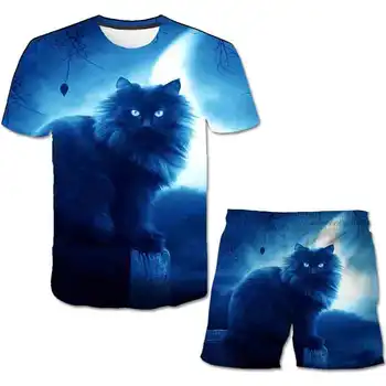 2021 de Verano de los niños 3D de manga corta casual camiseta+ animal león tigre de impresión de gato niños y niñas cortos de niños moda