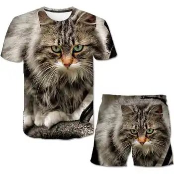 2021 de Verano de los niños 3D de manga corta casual camiseta+ animal león tigre de impresión de gato niños y niñas cortos de niños moda