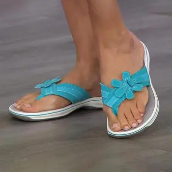 2021 Verano de las Nuevas Mujeres Pisos Flor Flip Flops para Mujer al aire libre Playa Femenino Diapositivas Retro de Color Sólido Dedo del pie Abierto de Cuña Zapatillas