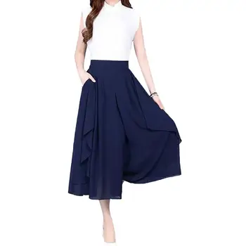 Las Mujeres de la moda de los Pantalones Elegante Color Sólido de Alta Cintura con Elástico en la Cintura Ancho de Pierna Recortada Falda Pantalones de Ropa de Mujer 2021