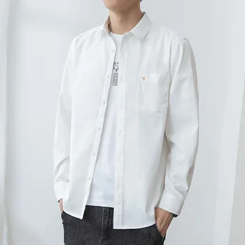 2021 la Primavera y el Otoño de los Hombres Camisas de Manga Larga de la Moda coreana Casual Camisas Sueltas de la Solapa de un Solo Pecho de Color Sólido Camisetas