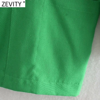 Zevity las Mujeres de la Moda de Color Verde Collar con Muescas Blazer de Lino Capa Femenina Chic Bolsillos de Negocios Casual Trajes de Chaqueta, Tops CT736