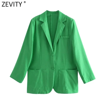 Zevity las Mujeres de la Moda de Color Verde Collar con Muescas Blazer de Lino Capa Femenina Chic Bolsillos de Negocios Casual Trajes de Chaqueta, Tops CT736