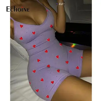 Echoine 2021 Mujeres Sexy adulto Mamelucos Mono con ropa de dormir de Impresión Espaguetis Cortos V Cuello Bodycon Mono pijama mameluco de chicas adolescentes