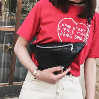 Chic Cintura Fanny Pack para las Mujeres Cuero de la PU Suave Pecho Crossbody Bolsa de Teléfono de la Correa del Bolso de la Moda Femenina de Cerco Metálico con Cadena