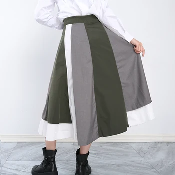 [EAM] Empalmados Contraste de Color Verde Irregulares Gran Dobladillo de la Cintura Alta de Medio cuerpo de la Falda de las Mujeres de la Moda de Primavera / Otoño 2021 1DD388506