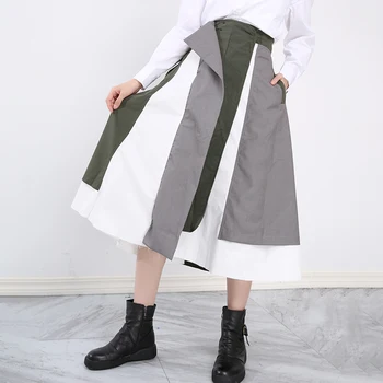 [EAM] Empalmados Contraste de Color Verde Irregulares Gran Dobladillo de la Cintura Alta de Medio cuerpo de la Falda de las Mujeres de la Moda de Primavera / Otoño 2021 1DD388506