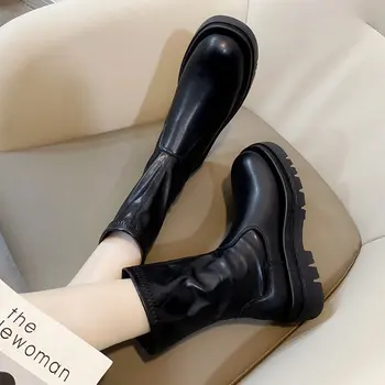 Invierno Botas De Mujer De Negro Con Botas De Los Zapatos De La Plataforma Sobre La Rodilla Botas Planas De Alta Del Muslo BootsThick Suela De Los Zapatos Botas Mujer