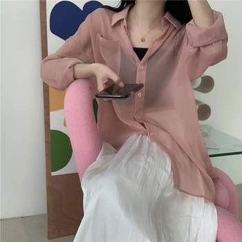 Blusas de las Mujeres de la Vendimia Sólido coreano Elegante Sol de Verano-prueba Básica Femme Blusa Pura de alta coincidir con Diseño Suave y Elegante Dama Camisetas