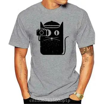 Gato Y la Cámara - Ilustración DE los Hombres T-Shirt Sueltas de Tamaño Superior Ajax Divertido de la Camiseta