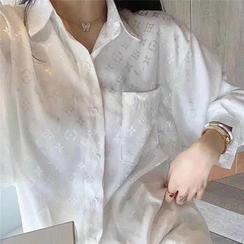 Blusa blanca de las Mujeres del Satén de Seda de la Camisa de las Mujeres de corea de la Holgada camiseta de Manga Larga Casual Femenina Señora de la Oficina de Arriba Mujer