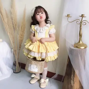 2Pcs español Vestido de Bebé de las Niñas de Cumpleaños de Pascua Amarillo Dreeses Niños Lolita Princesa Vestido de Bola de los Niños de España Boutique de Ropa