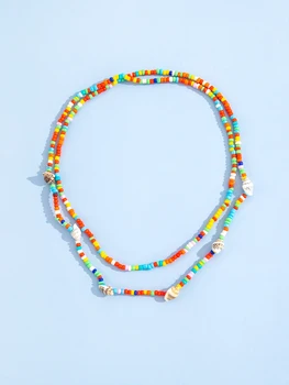 Stillgirl 2Pcs Boho Multicolor Perlas Collares de conchas Conjunto para las Mujeres Estética Doble Gargantilla de Cadena de Y2k Par de Regalo de la Joyería de la Moda