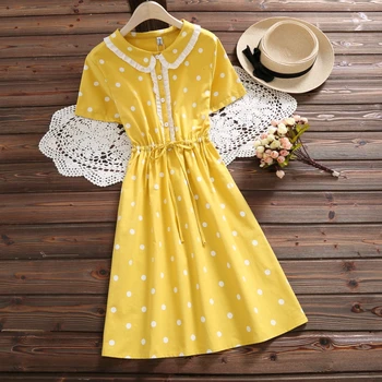2018 de manga corta de algodón vestido de amarillo vintage vestido de lunares