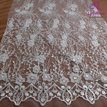 1 patio blanco de novia poliéster tejido de Lentejuelas bordado con cuentas vestido de novia de encaje de tela