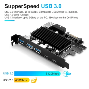 USB 3.0 de Tipo C PCI-E Tarjeta de Expansión de 5 Puertos de Adaptador de Controlador Externo Express 19Pin Cable de Conector de Alimentación SATA Cable de